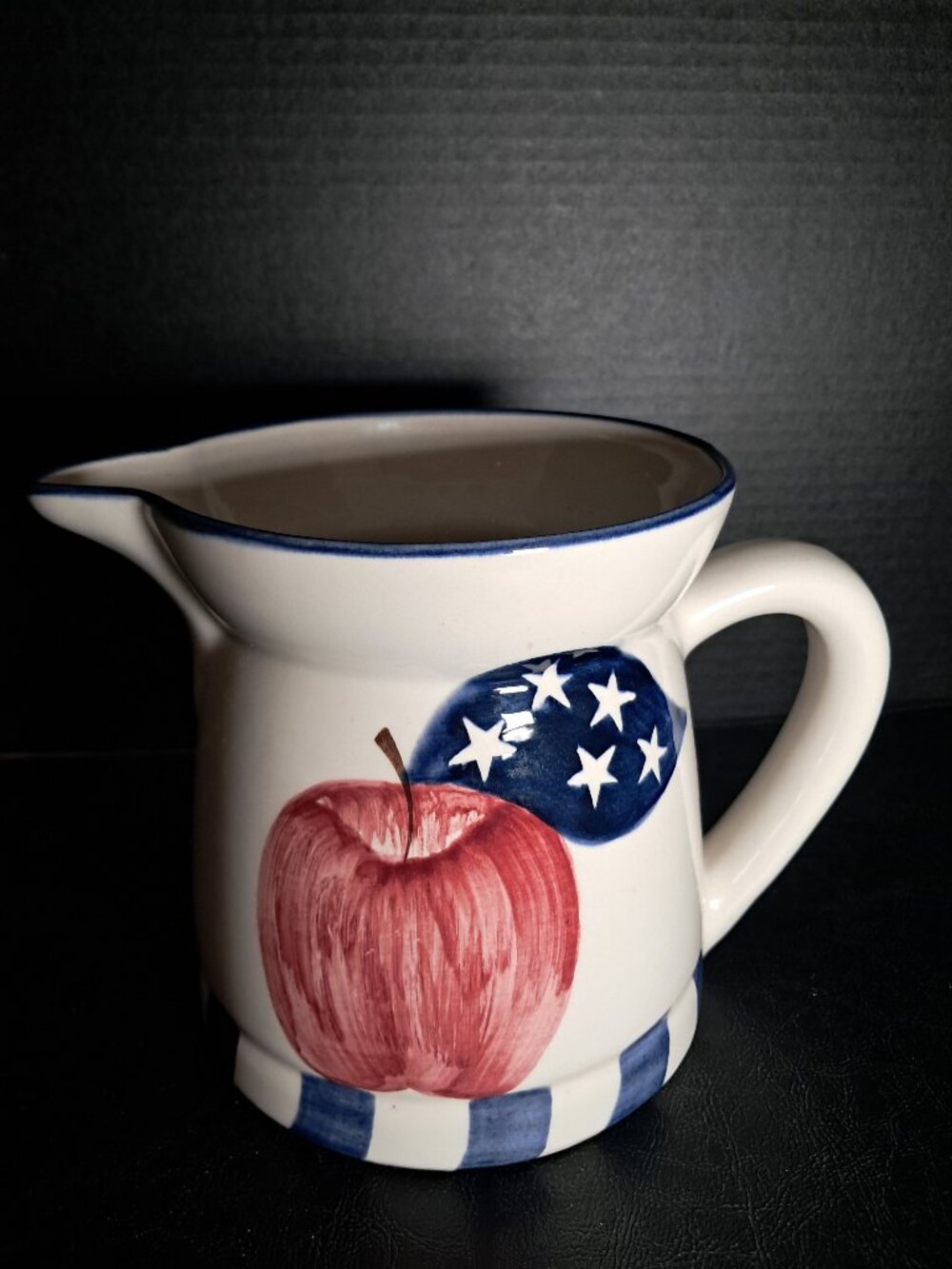 Vintage Laurie Gates, Apple Pitcher, Patriotic Farmhouse, Ceramic Jug Patriotic